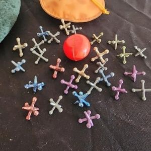 Vintage Girl Scout Berret & Set of Jacks in Indian beaded Pouch